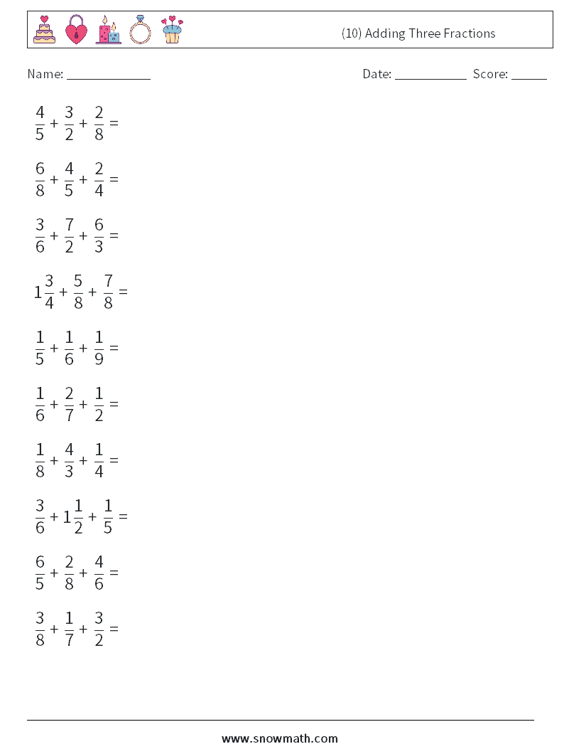 (10) Adding Three Fractions Math Worksheets 6