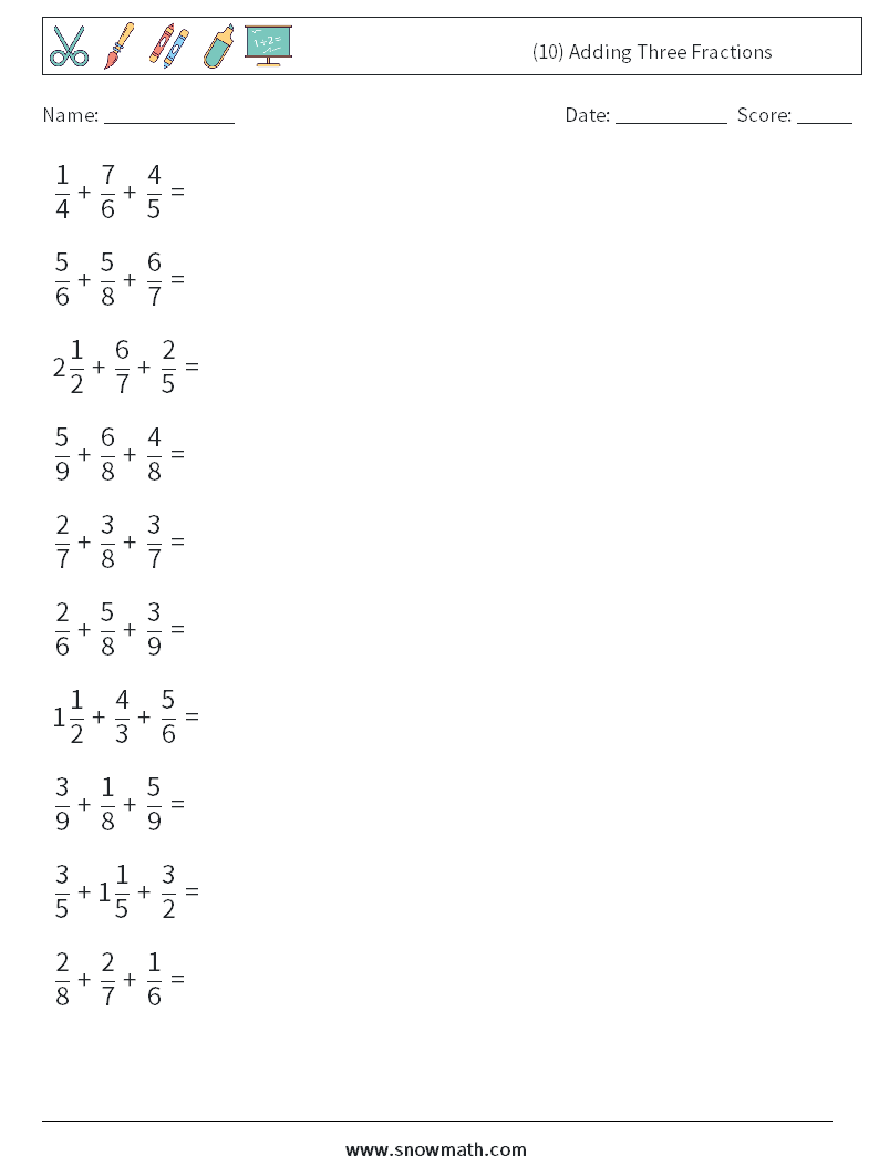 (10) Adding Three Fractions Math Worksheets 7