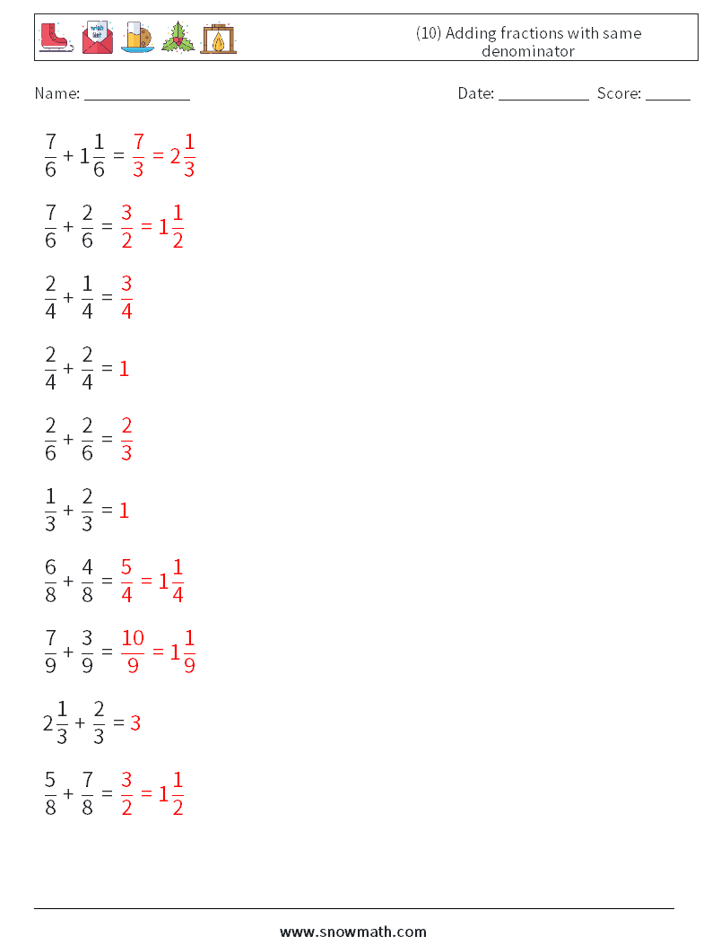 (10) Adding fractions with same denominator Math Worksheets 10 Question, Answer