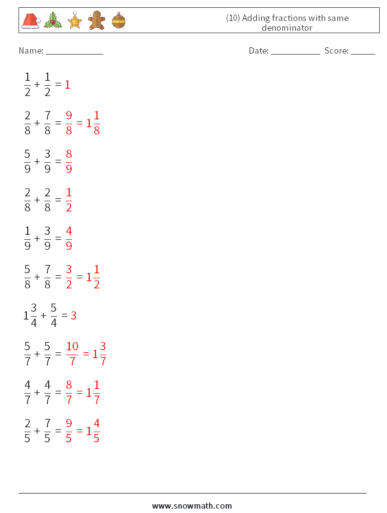(10) Adding fractions with same denominator Math Worksheets 11 Question, Answer