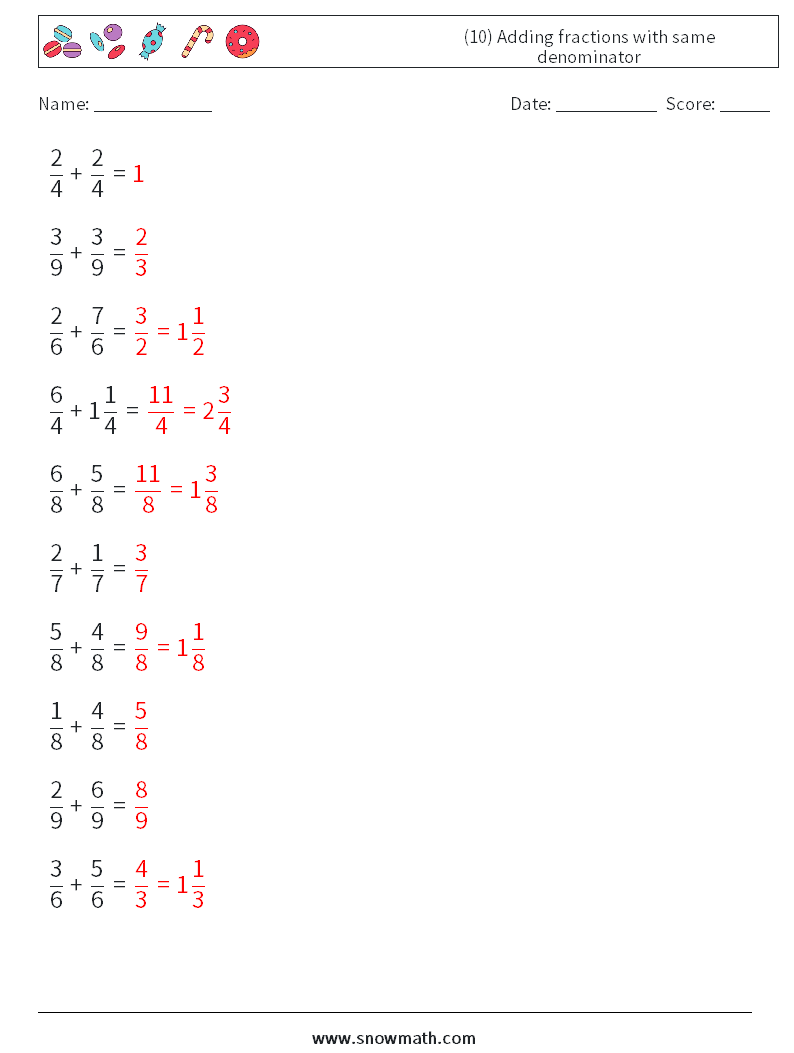 (10) Adding fractions with same denominator Math Worksheets 12 Question, Answer