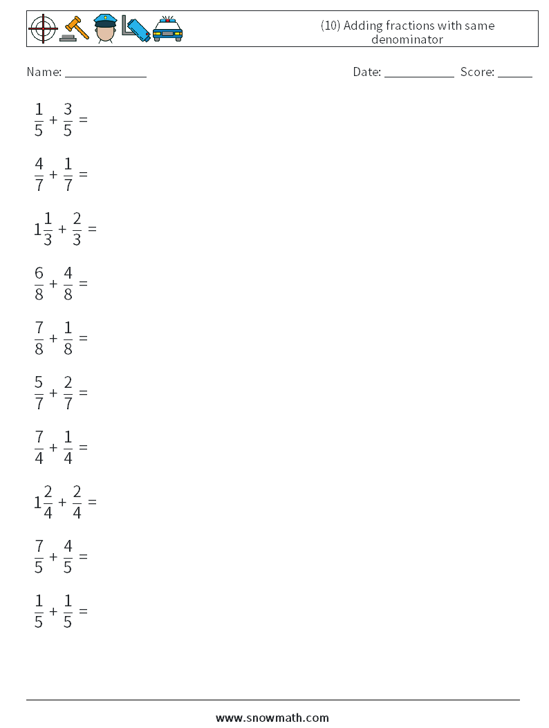 (10) Adding fractions with same denominator Math Worksheets 13