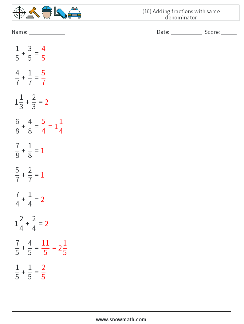 (10) Adding fractions with same denominator Math Worksheets 13 Question, Answer