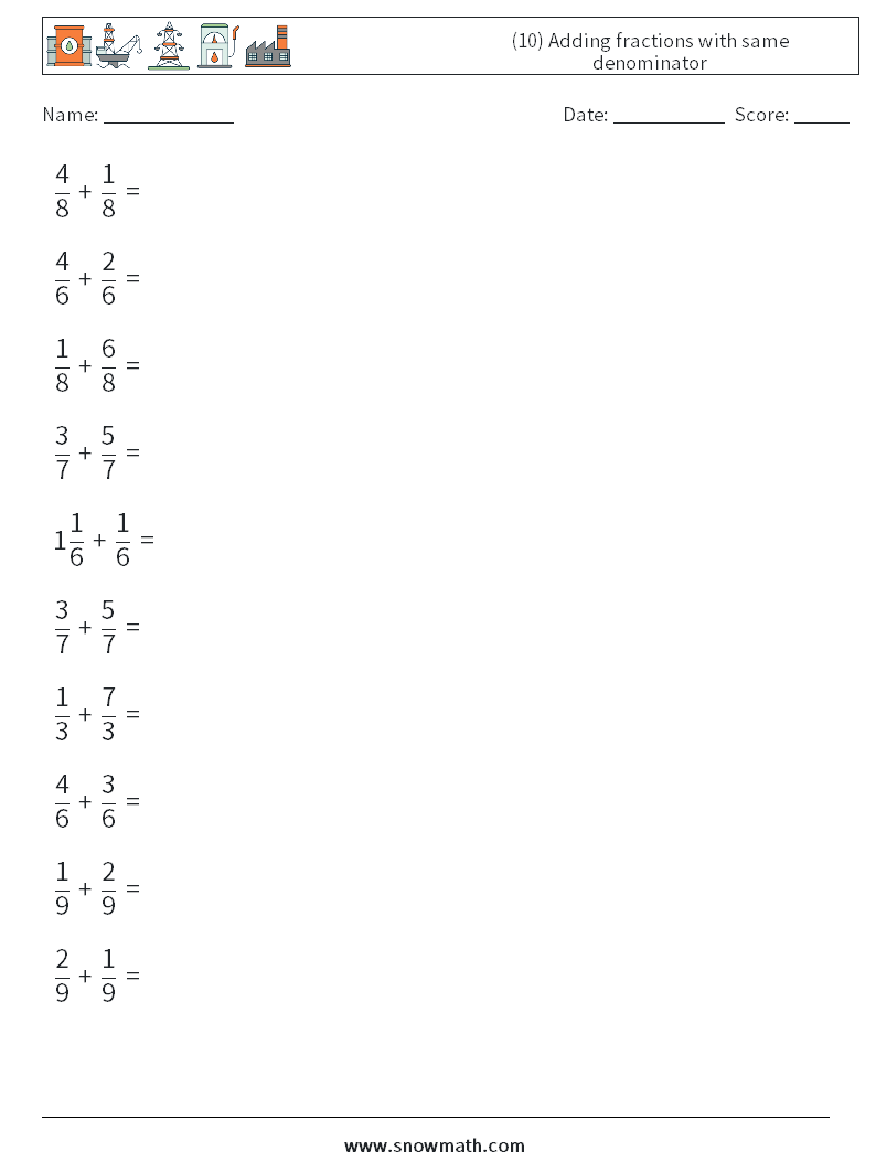 (10) Adding fractions with same denominator Maths Worksheets 14