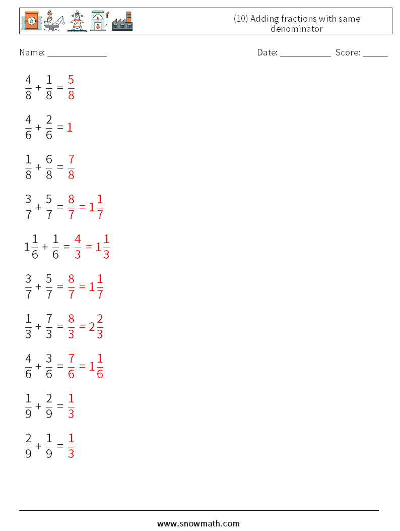 (10) Adding fractions with same denominator Math Worksheets 14 Question, Answer