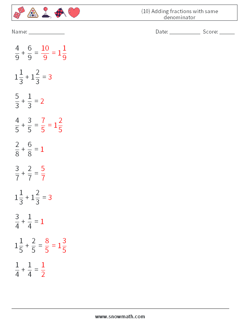 (10) Adding fractions with same denominator Math Worksheets 15 Question, Answer