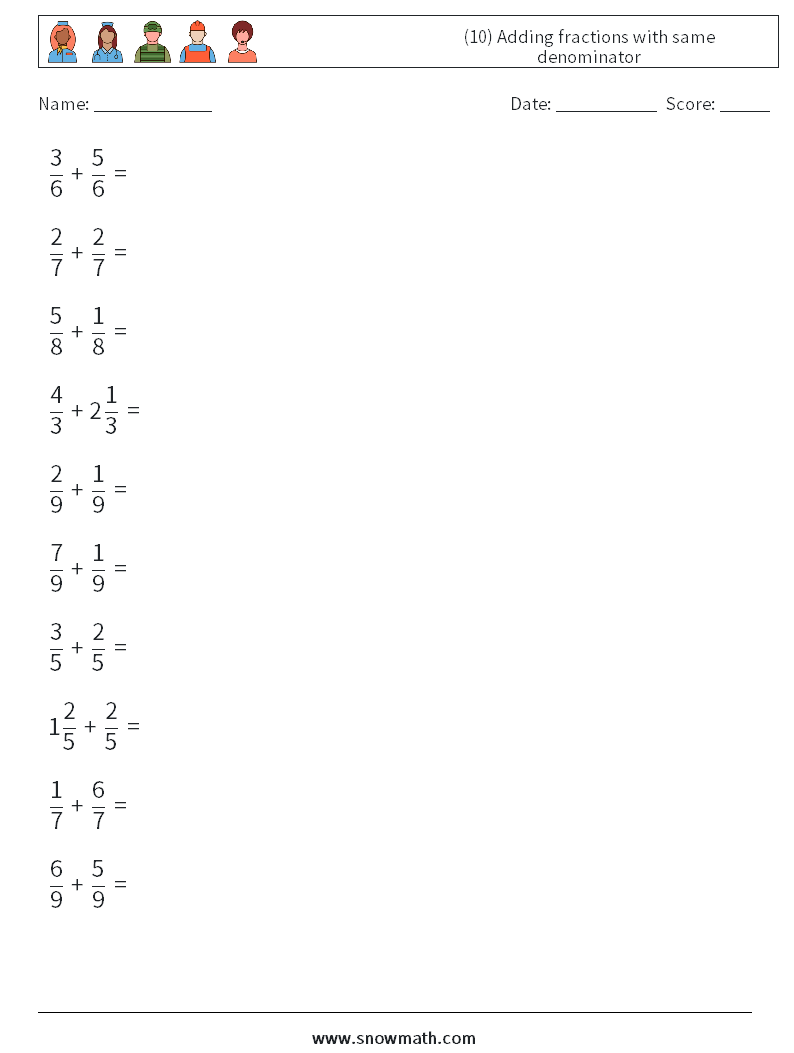 (10) Adding fractions with same denominator Math Worksheets 16