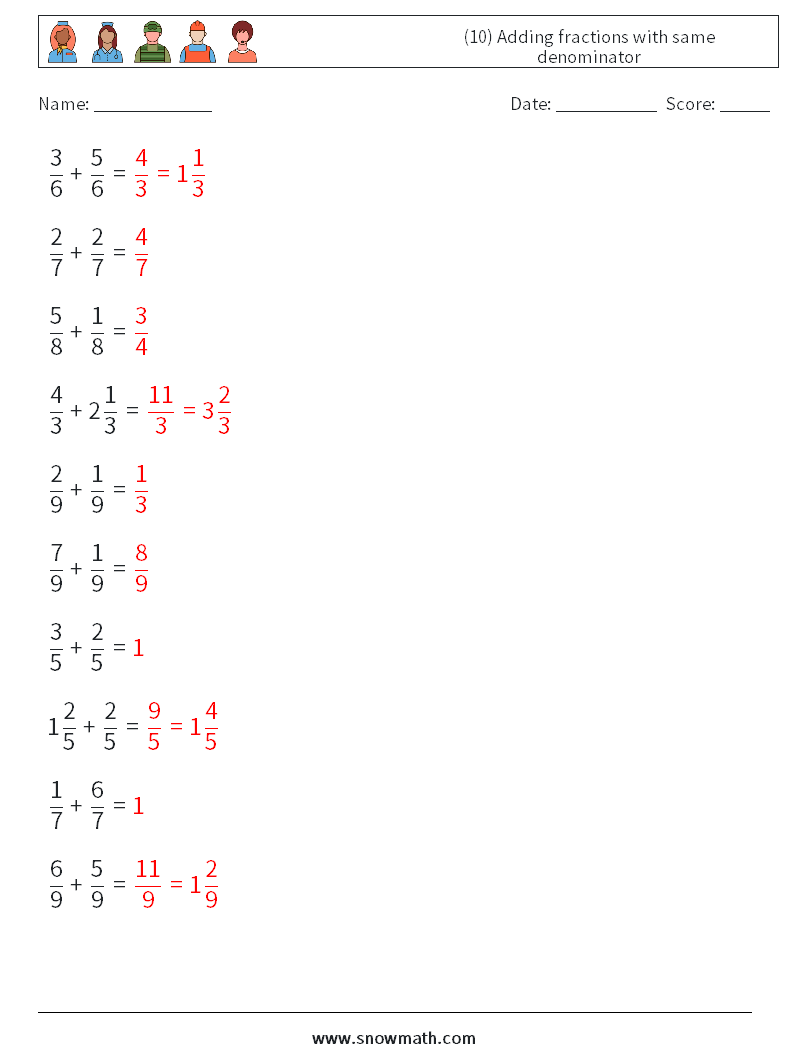 (10) Adding fractions with same denominator Math Worksheets 16 Question, Answer
