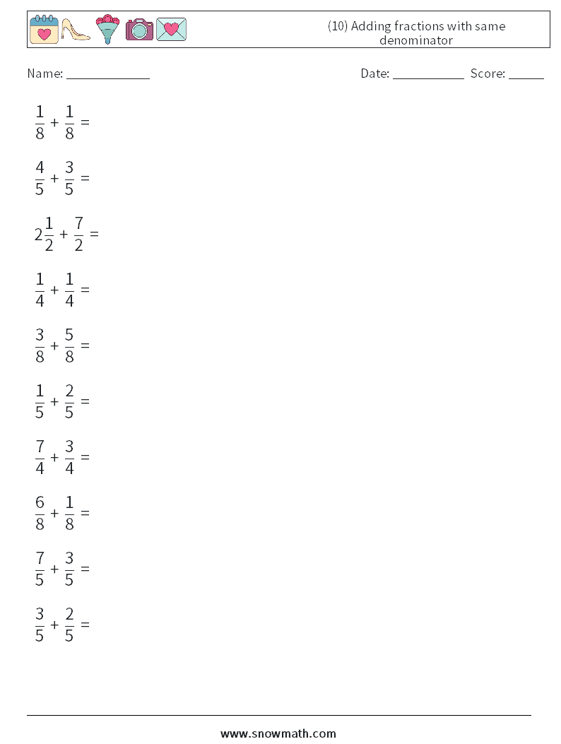 (10) Adding fractions with same denominator Math Worksheets 17