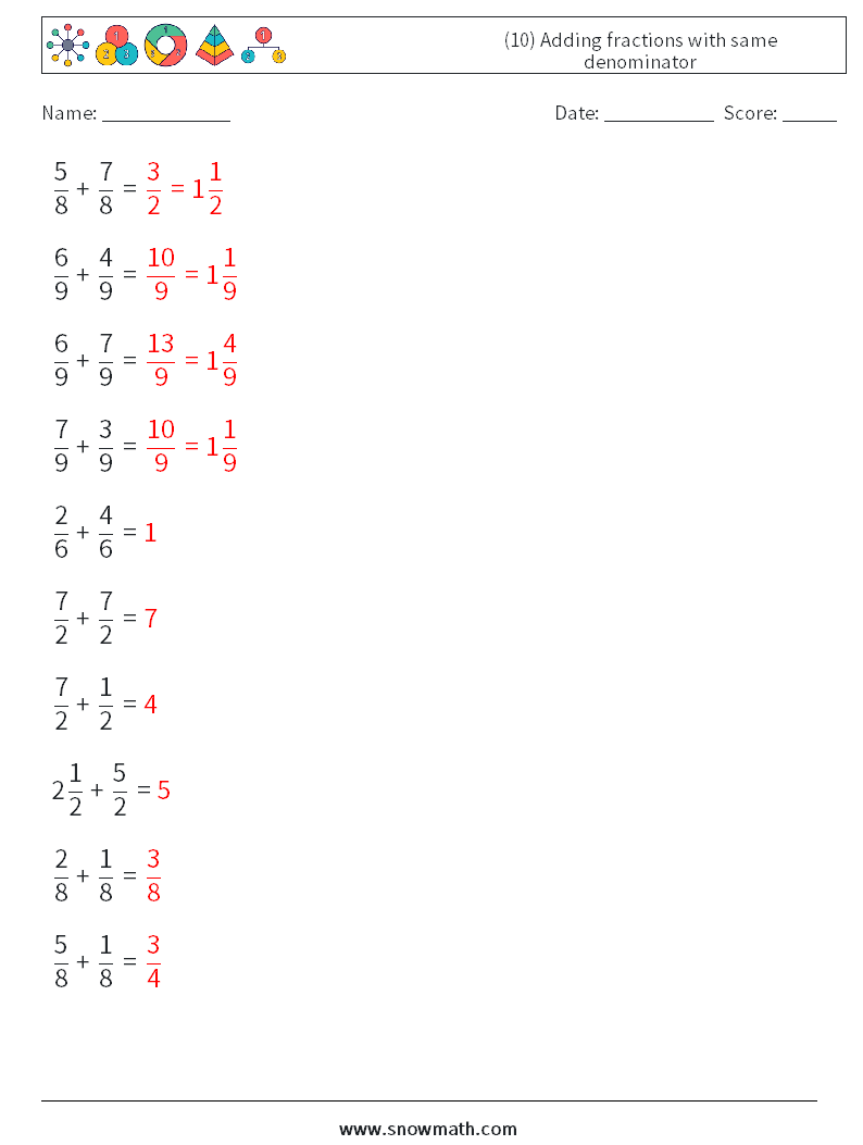 (10) Adding fractions with same denominator Math Worksheets 18 Question, Answer
