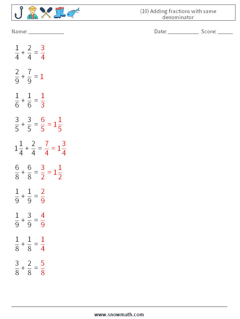 (10) Adding fractions with same denominator Math Worksheets 1 Question, Answer