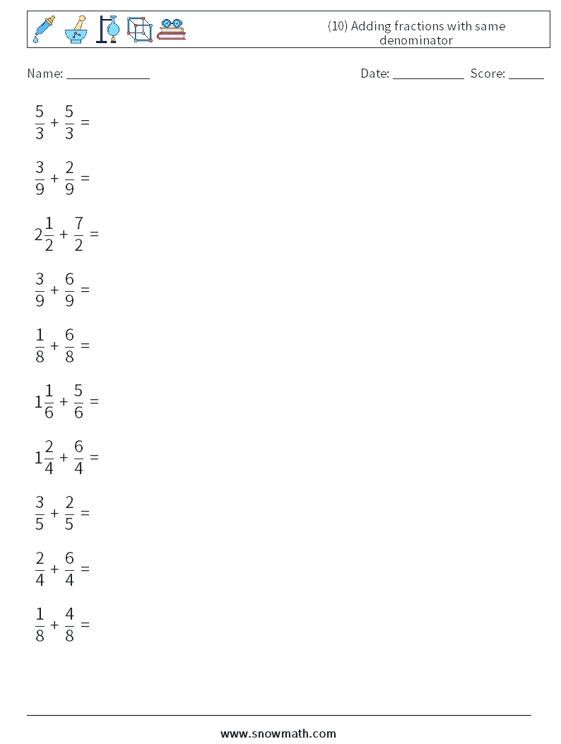(10) Adding fractions with same denominator Math Worksheets 3
