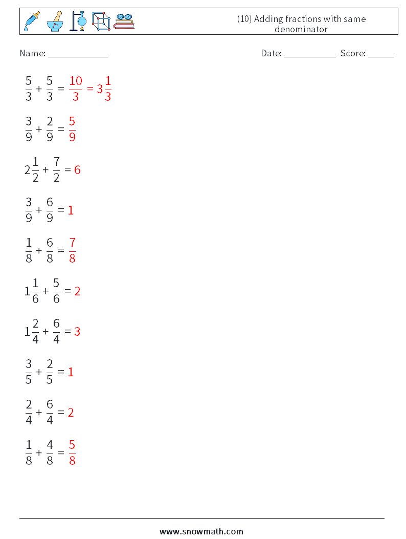 (10) Adding fractions with same denominator Math Worksheets 3 Question, Answer