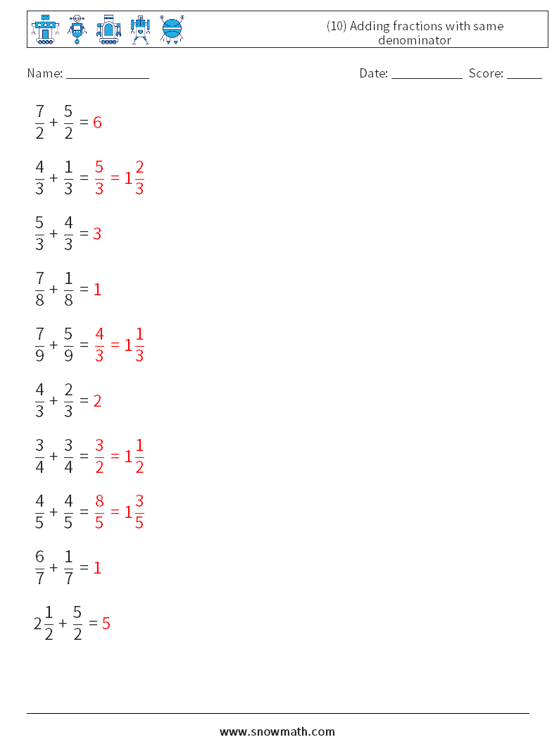 (10) Adding fractions with same denominator Math Worksheets 4 Question, Answer