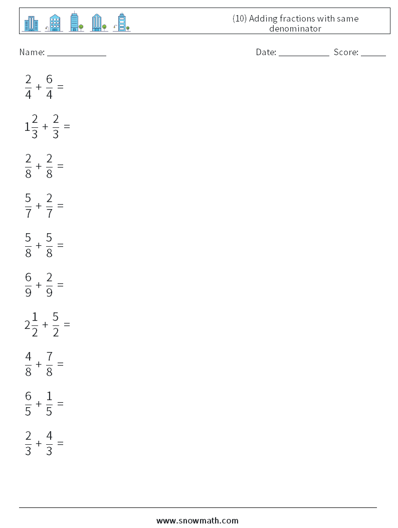 (10) Adding fractions with same denominator Math Worksheets 5