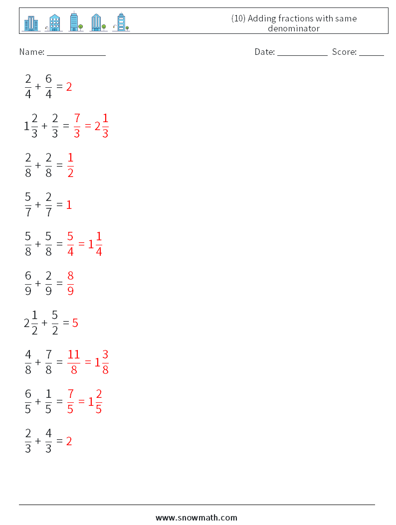 (10) Adding fractions with same denominator Math Worksheets 5 Question, Answer