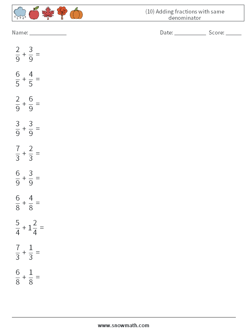 (10) Adding fractions with same denominator Maths Worksheets 6