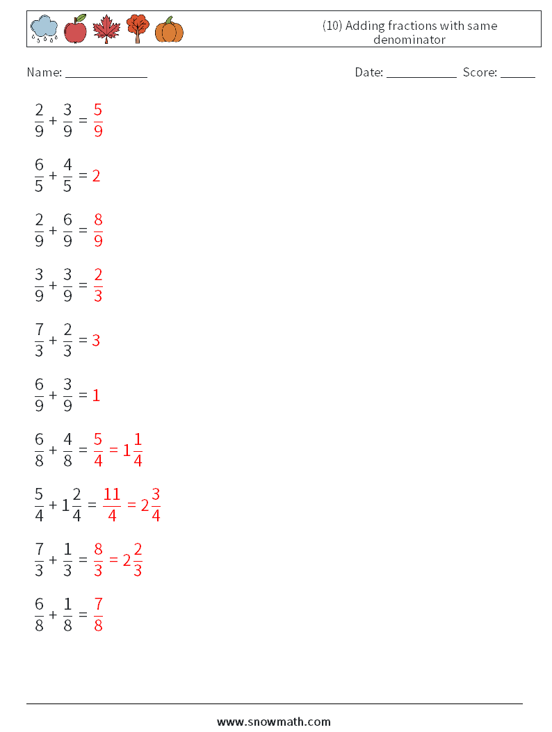 (10) Adding fractions with same denominator Math Worksheets 6 Question, Answer