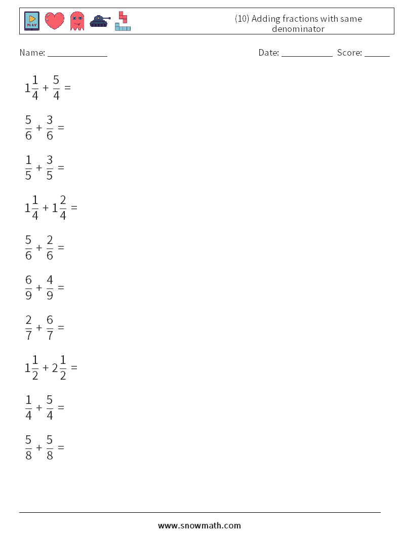 (10) Adding fractions with same denominator Math Worksheets 7