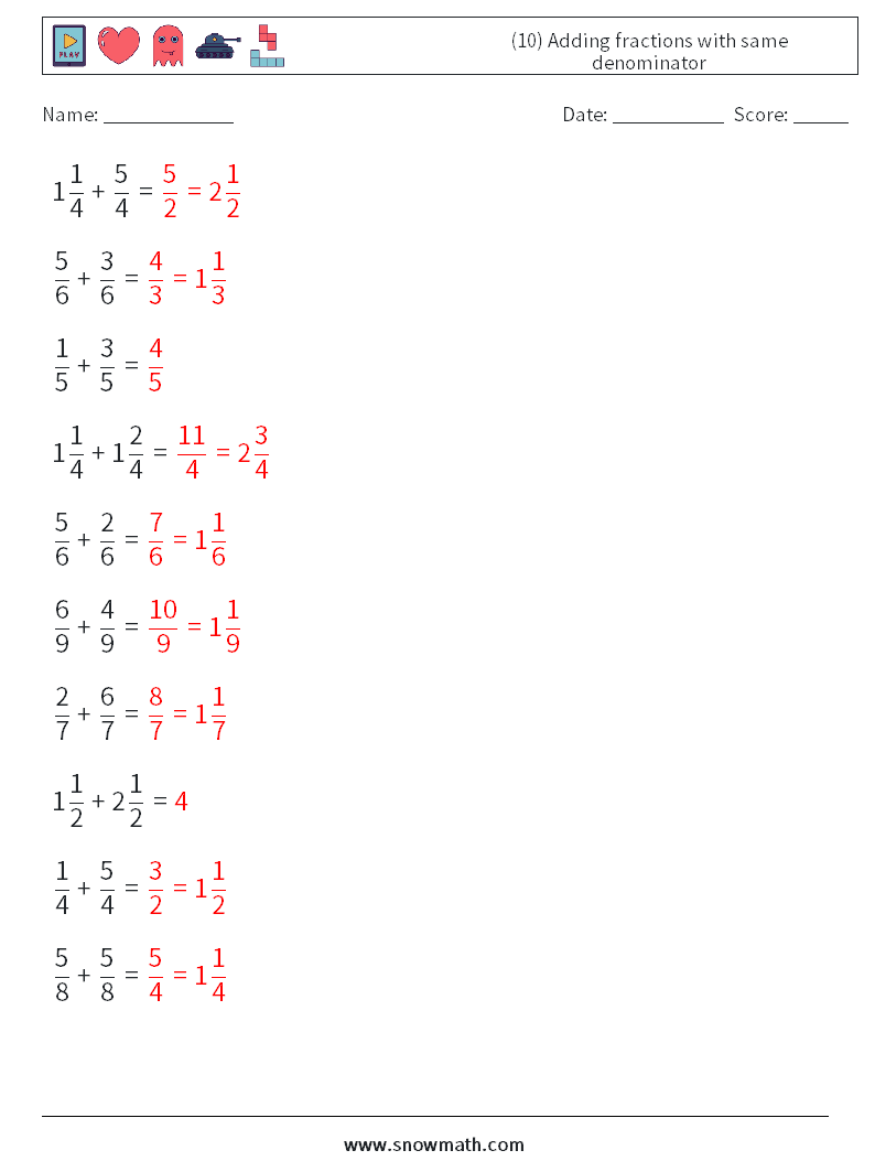 (10) Adding fractions with same denominator Math Worksheets 7 Question, Answer