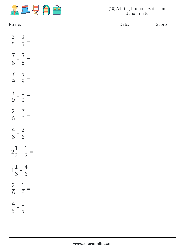 (10) Adding fractions with same denominator Math Worksheets 8