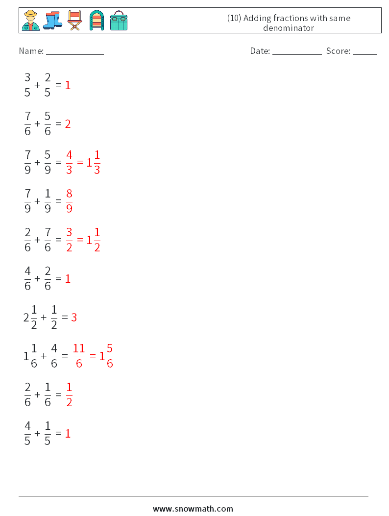 (10) Adding fractions with same denominator Math Worksheets 8 Question, Answer