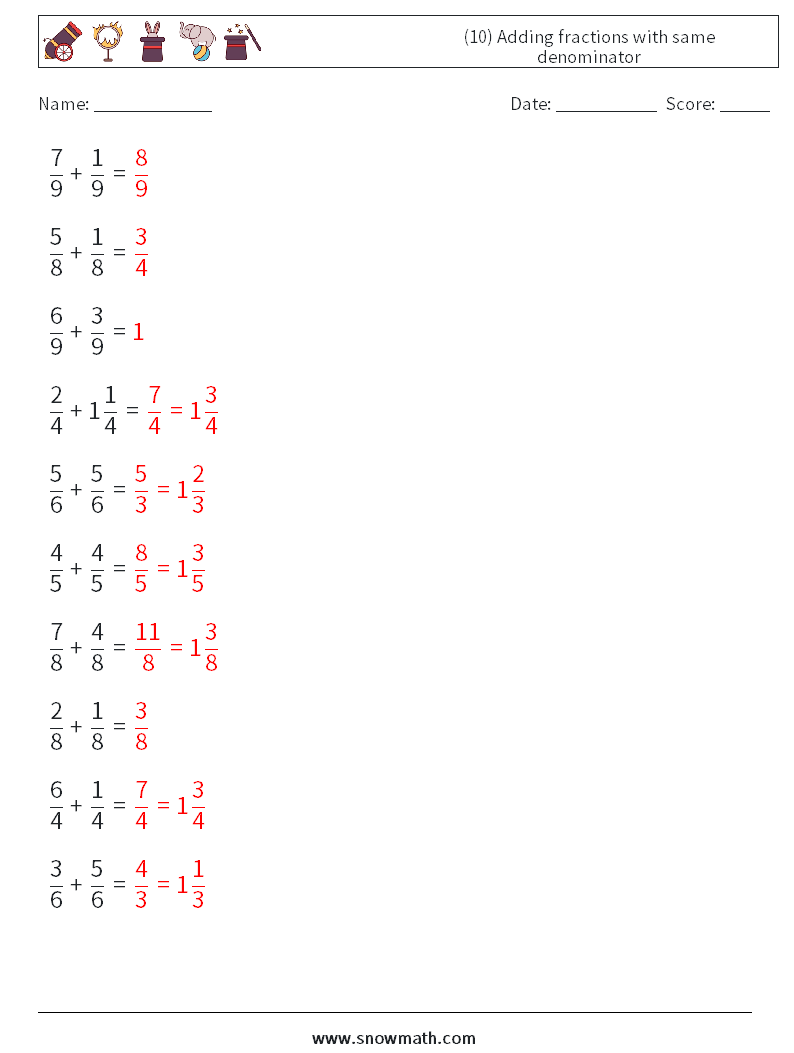 (10) Adding fractions with same denominator Math Worksheets 9 Question, Answer
