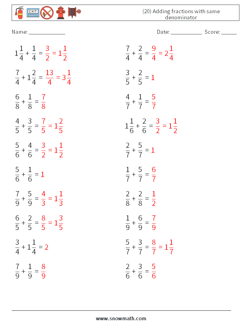 (20) Adding fractions with same denominator Math Worksheets 11 Question, Answer