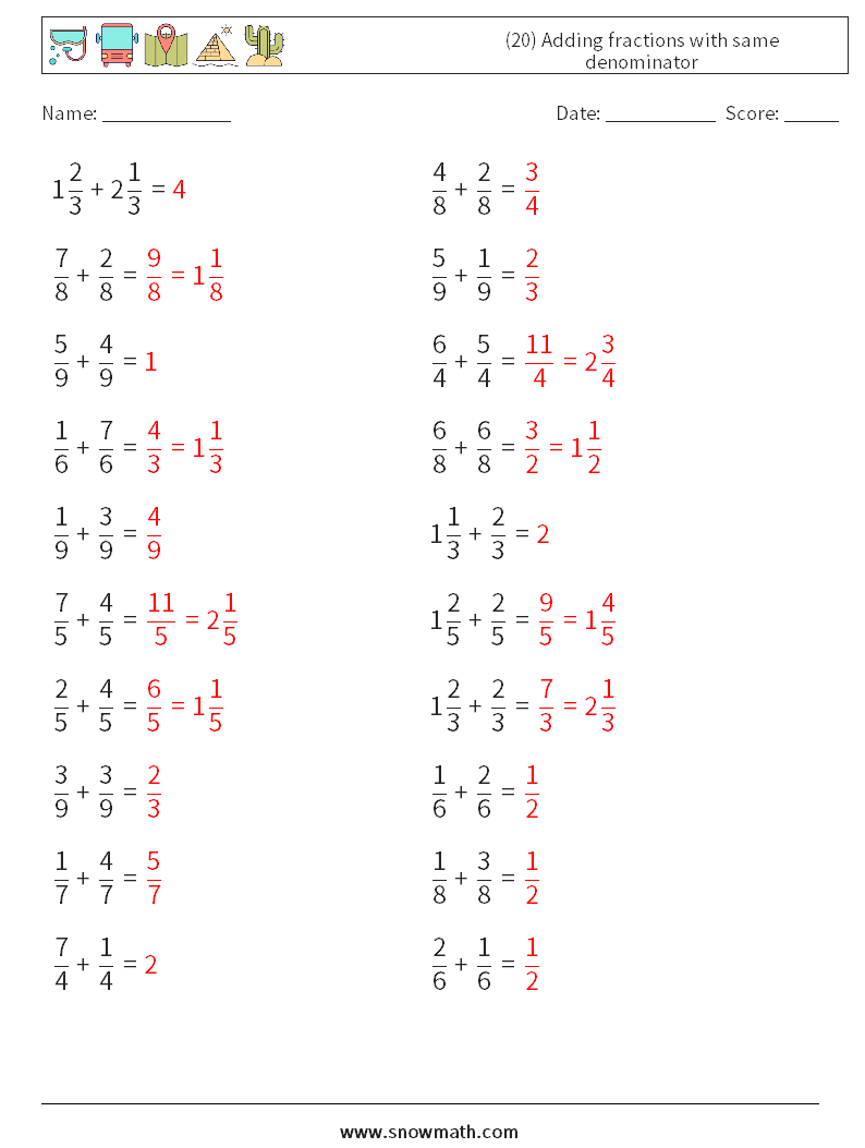 (20) Adding fractions with same denominator Math Worksheets 12 Question, Answer