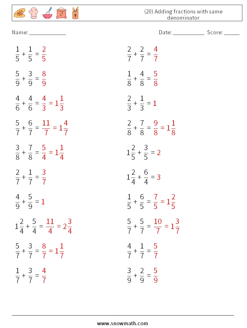 (20) Adding fractions with same denominator Math Worksheets 13 Question, Answer
