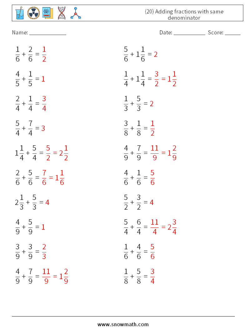 (20) Adding fractions with same denominator Math Worksheets 14 Question, Answer