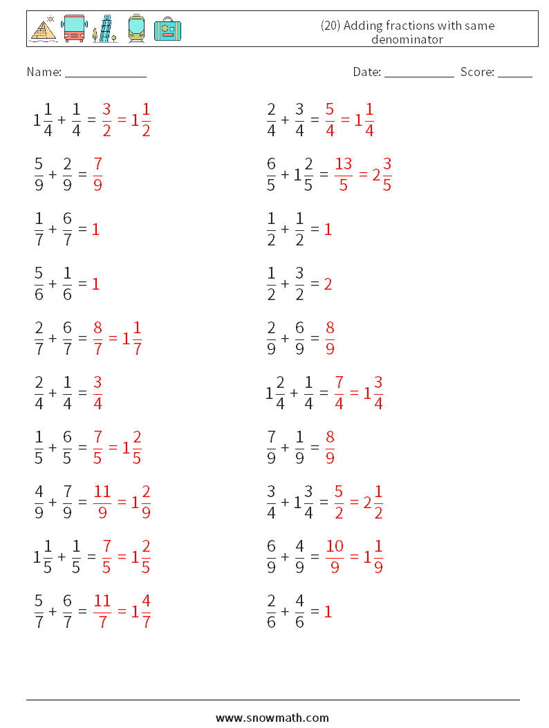 (20) Adding fractions with same denominator Math Worksheets 15 Question, Answer