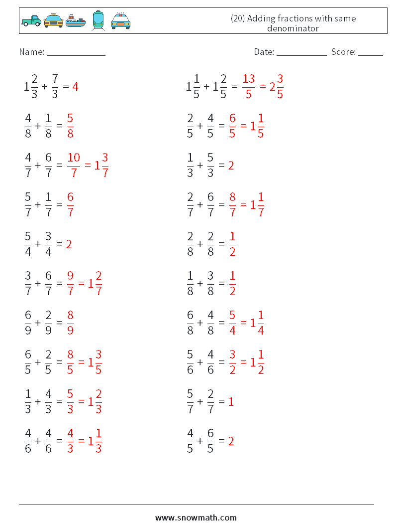 (20) Adding fractions with same denominator Math Worksheets 16 Question, Answer