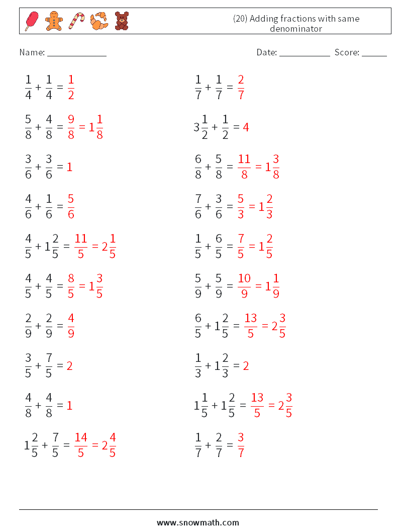 (20) Adding fractions with same denominator Math Worksheets 17 Question, Answer