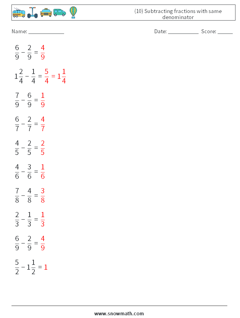 (10) Subtracting fractions with same denominator Math Worksheets 12 Question, Answer