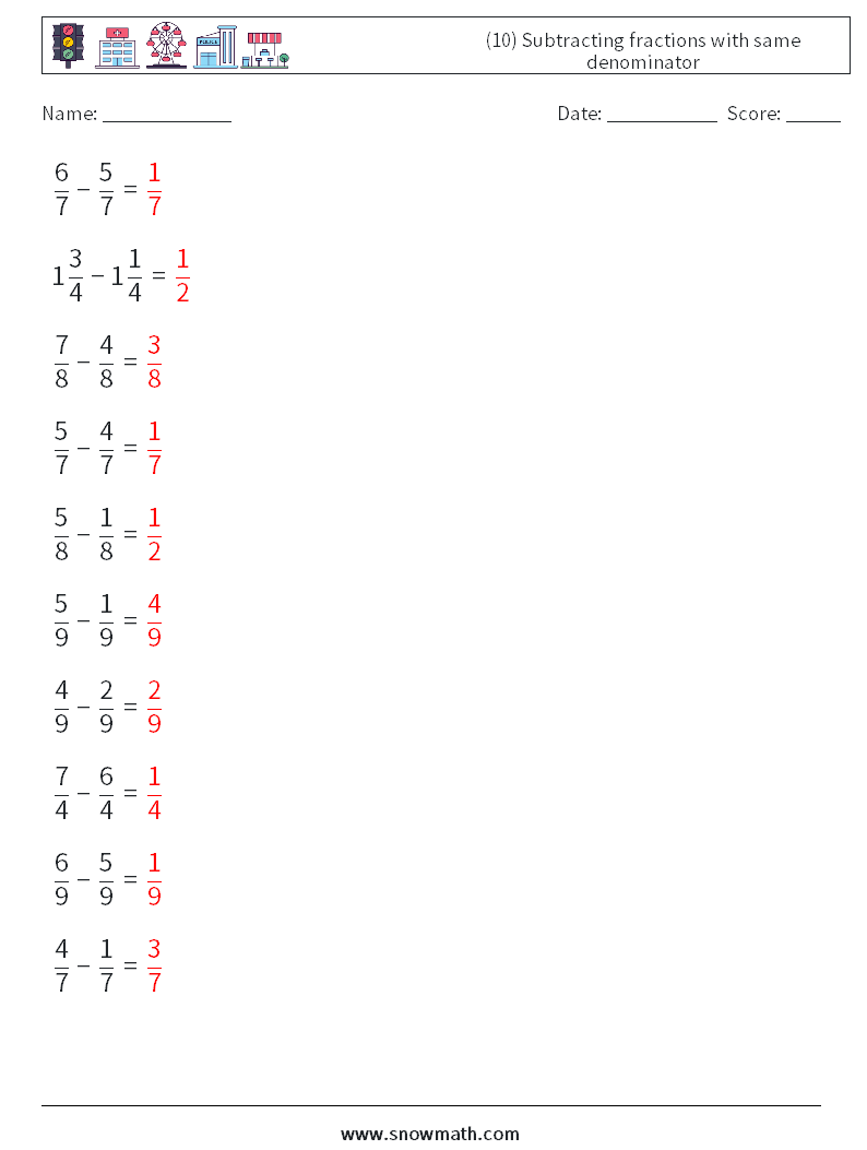 (10) Subtracting fractions with same denominator Math Worksheets 13 Question, Answer