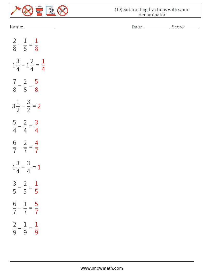 (10) Subtracting fractions with same denominator Math Worksheets 16 Question, Answer