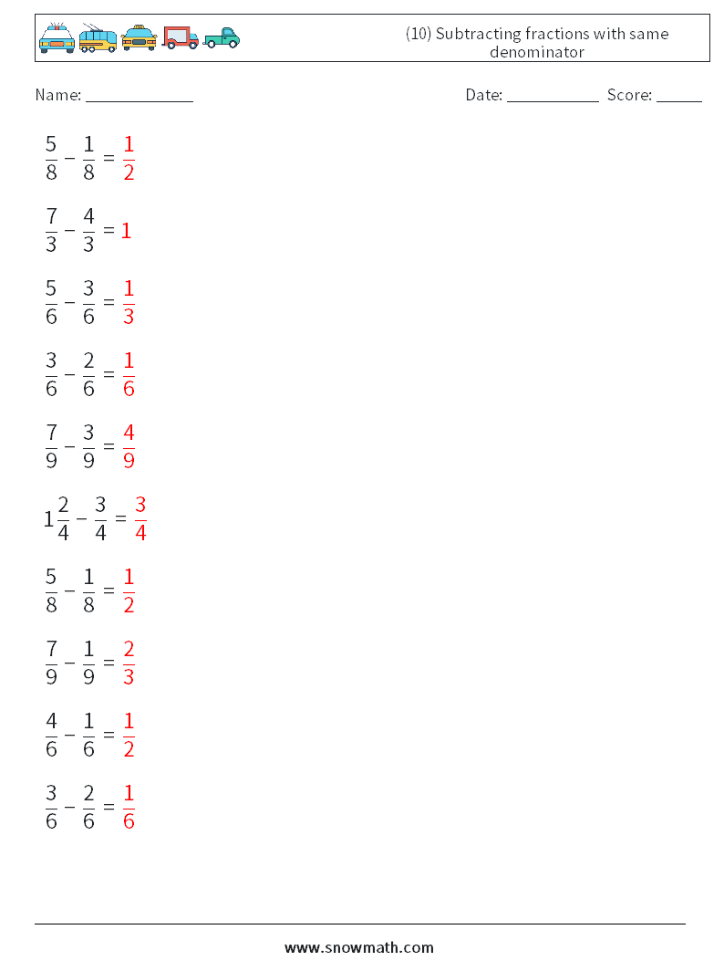 (10) Subtracting fractions with same denominator Math Worksheets 18 Question, Answer