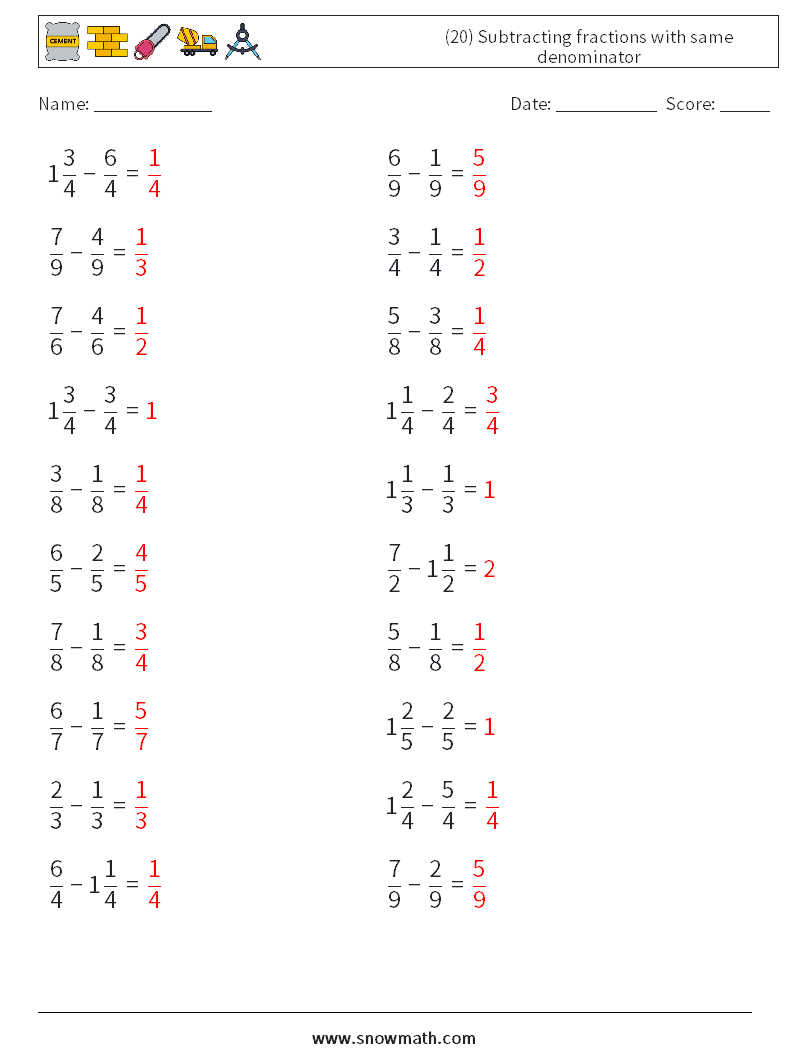 (20) Subtracting fractions with same denominator Math Worksheets 15 Question, Answer