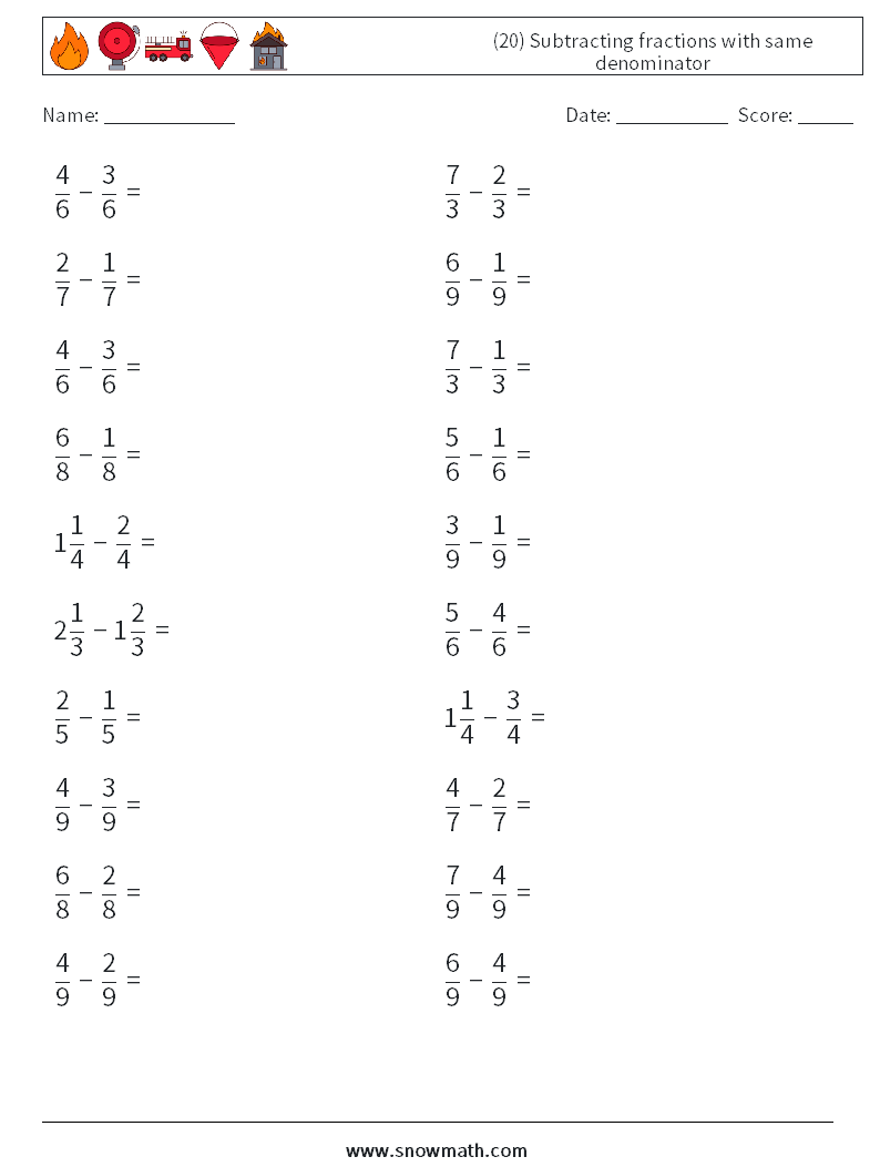 (20) Subtracting fractions with same denominator Math Worksheets 2