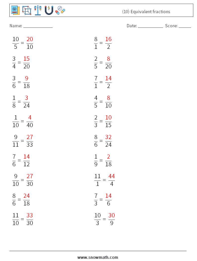 (10) Equivalent fractions Math Worksheets 1 Question, Answer