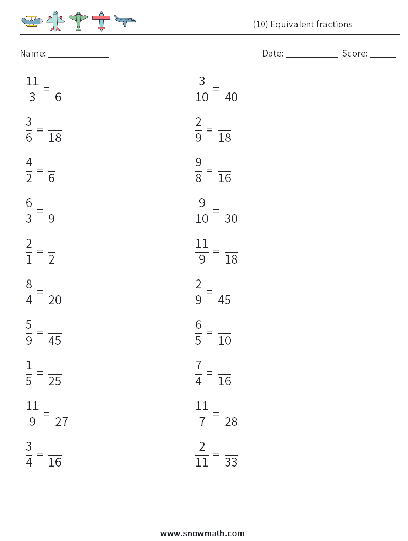 (10) Equivalent fractions Math Worksheets 2