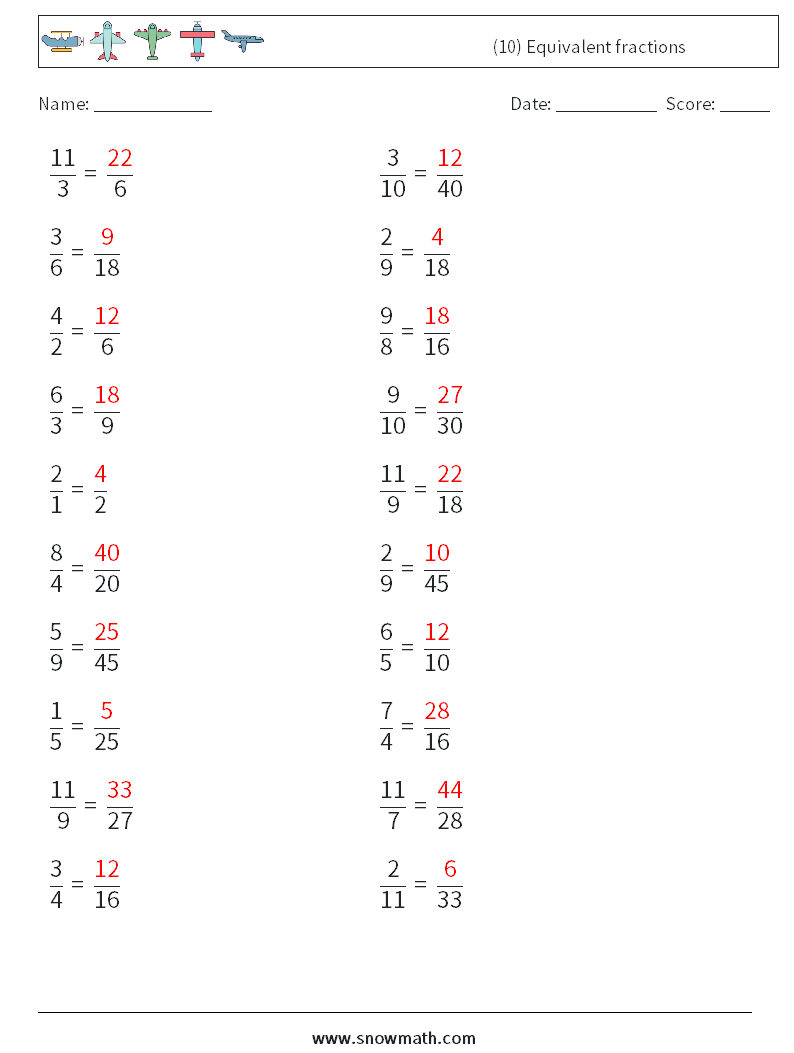 (10) Equivalent fractions Math Worksheets 2 Question, Answer
