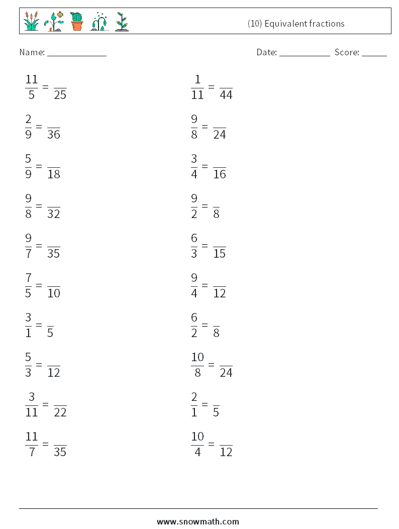(10) Equivalent fractions Math Worksheets 3
