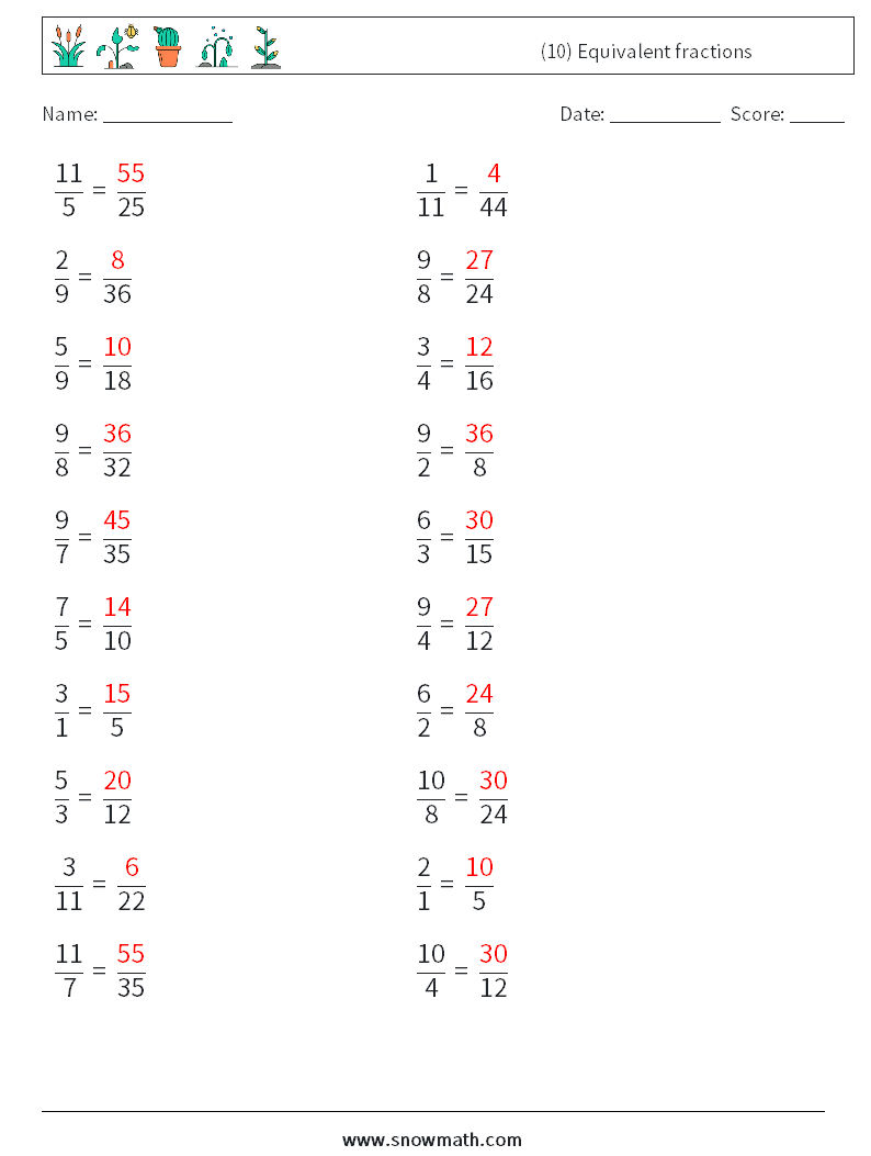 (10) Equivalent fractions Math Worksheets 3 Question, Answer