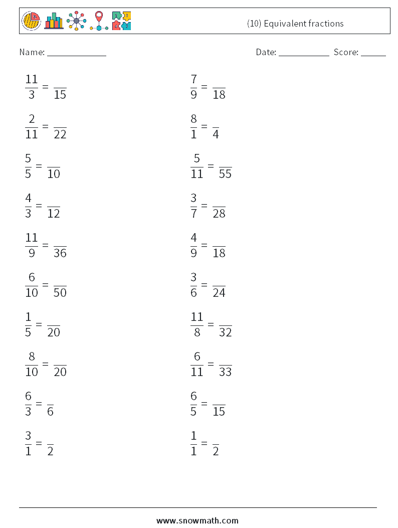 (10) Equivalent fractions Math Worksheets 4