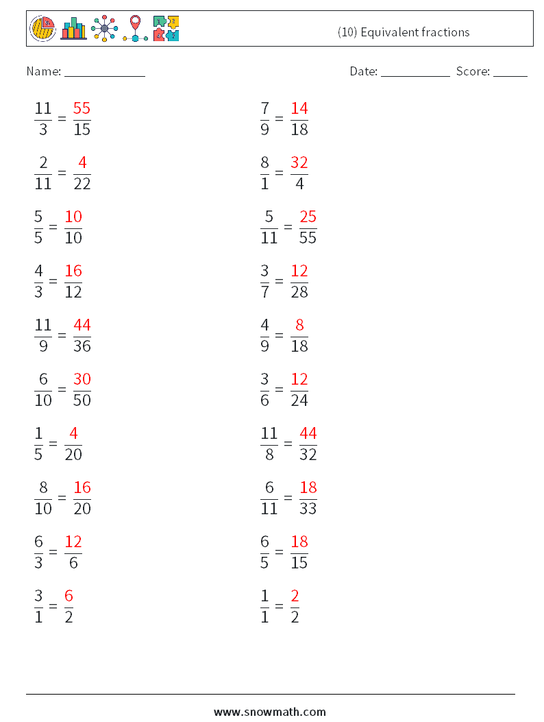 (10) Equivalent fractions Math Worksheets 4 Question, Answer