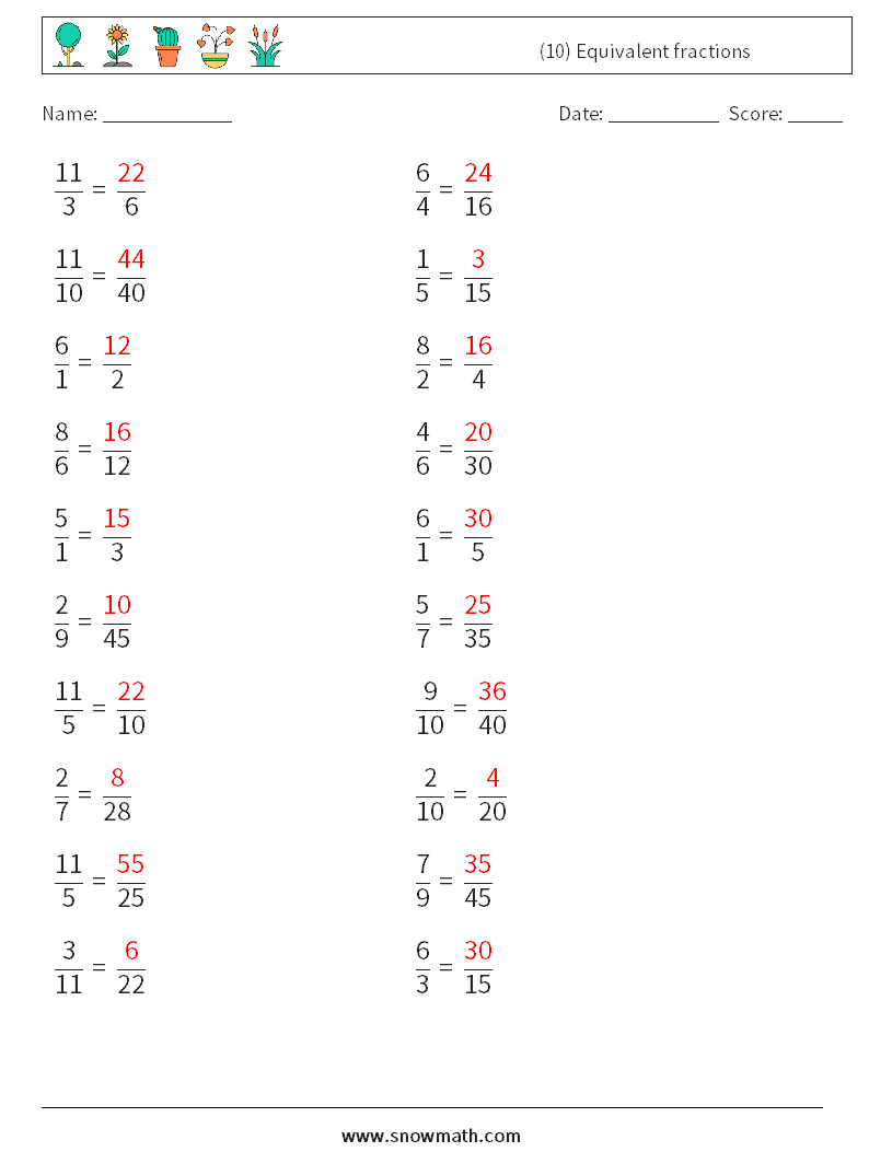 (10) Equivalent fractions Math Worksheets 5 Question, Answer