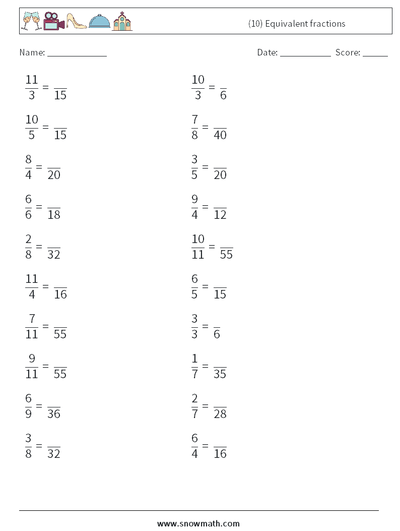 (10) Equivalent fractions Math Worksheets 7