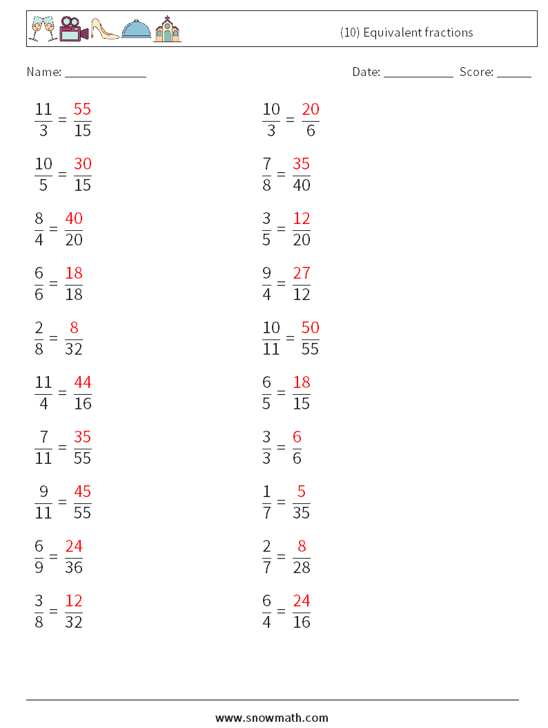 (10) Equivalent fractions Math Worksheets 7 Question, Answer
